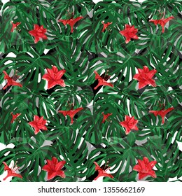 Tropical Flowers. Seamless Illustration. Summer Design for Swimwear. Exotic Palm Greenery Backdrop. Tropical Flowers and Leaves.