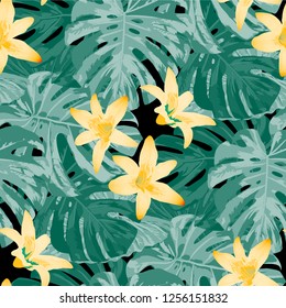 Tropical Flowers. Seamless Pattern with Australian Rainforest. Trendy Texture with Exotic Leaves and Flowers for, Wallpaper, Dress, Underwear. Vector Seamless Pattern with Tropical Flowers
