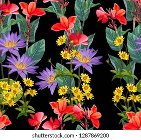 Tropical flowers seamless pattern beautiful nature on black background-vector