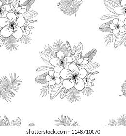 Tropical flowers seamless pattern. Black lines on white background. Vector illustration.