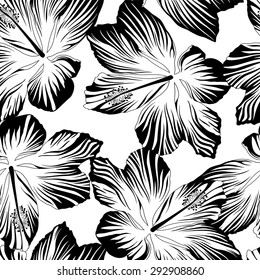 Tropical flowers seamless pattern in black and white .