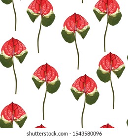 Tropical flowers seamless pattern. Blossom Red Spathiphyllum lilies.