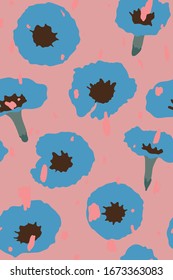 Tropical flowers seamless pattern, Bright pastel pink blue and brown color, flat hand drawn style, nice contrast vintage summer vibe, simple design, nostalgia feelings