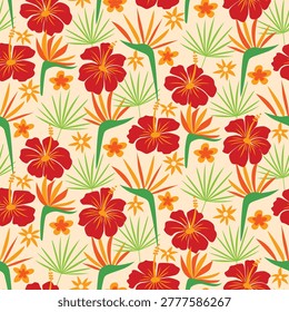 Tropical flowers seamless pattern featuring hibiscus flowers, bird of paradise, palm leaves and plumeria on cream background. For summer backgrounds, fabric, textile and tropical backdrops. 