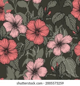 Tropische Blumen nahtloses Muster. Blumenhintergrund, handgezeichnet mit Tinte. Exotische Blütengestaltung der Hibiskus Blumen.