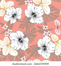 Tropische Blumen nahtloses Muster. floraler Hintergrund, handgezeichnet mit Tinte. Exotisch blühende Hibiskus Blumen Design.