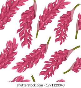 Tropical flowers seamless pattern. Ginger root image. Fabric print. Exotic textile design. Pink floral plant in cartoon style. Jungle flora. Vector illustration
