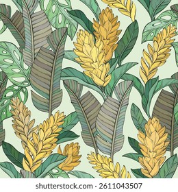 Tropical flowers seamless pattern. Ginger flowers and leaves. Fabric print. Exotic textile design. Jungle flora. Vector illustration