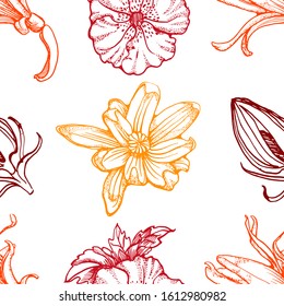 tropical flowers, seamless pattern, hand drawing vector, isolated on white background