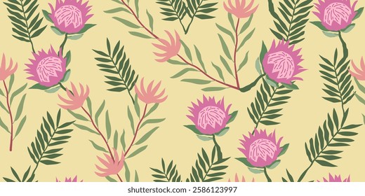 Tropical flowers seamless pattern. Hand drawn tropical leaves. Natural ornament for textile, fabric, wallpaper, home decor, background.