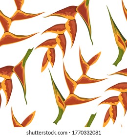 Tropical flowers seamless pattern. Heliconia image. Fabric print. Exotic textile design. Orange floral plant in cartoon style. Jungle flora. Vector illustration