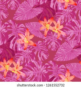 Tropical Flowers. Seamless Pattern with Indian Rainforest. Modern Texture with Exotic Leaves and Flowers for, Wallpaper, Cloth, Paper. Vector Seamless Pattern with Tropical Flowers