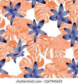 Tropical Flowers. Seamless Pattern with Indian Rainforest. Retro Texture with Exotic Leaves and Flowers for, Swimwear, Cloth, Paper. Vector Seamless Pattern with Tropical Flowers