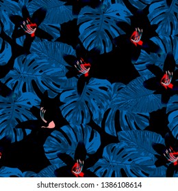 Tropical Flowers. Seamless Pattern with Indian Rainforest. Retro Texture with Exotic Leaves and Flowers for, Fabric, Paper, Curtain. Vector Seamless Pattern with Tropical Flowers