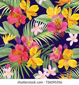 Tropical flowers seamless pattern with leaf on dark purple background. Vector set of exotic tropical garden for wedding invitations, greeting card and fashion design.