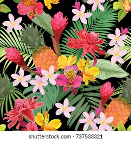 Tropical flowers seamless pattern with leaf on black background. Vector set of exotic tropical garden for wedding invitations, greeting card and fashion design.