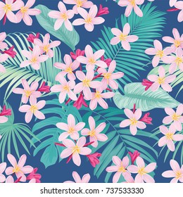 Tropical flowers seamless pattern with leaf on blue background. Vector set of exotic tropical garden for wedding invitations, greeting card and fashion design.