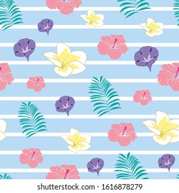 Tropical flowers seamless pattern on white blue stripes