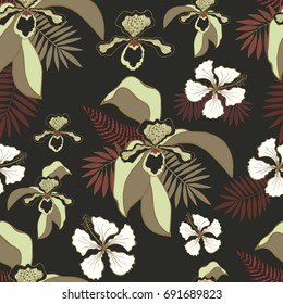 Tropical flowers seamless pattern. Orchid bouquets. Floral background.