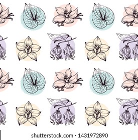 Tropical flowers seamless pattern pastel colors on white drawn