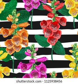 Tropical Flowers Seamless Pattern. Summer Floral Background with Tiger Lily Flower. Watercolor Blooming Design for Wallpaper, Fabric. Vector illustration