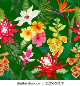 Tropical Flowers Seamless Pattern. Summer Floral Background with Tiger Lily Flower and Hibiskus. Watercolor Blooming Design for Wallpaper, Fabric. Vector illustration