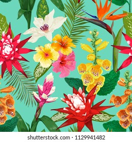 Flores Tropicales Patrón Sin Maravilla. Fondo floral de verano con flores de tigre Lily e Hibiskus. Diseño de coloración de agua para tapiz, tela. Ilustración del vector
