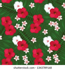 Tropical flowers seamless vector pattern background with exotic plants, plumeria leaves, jungle leaf, red and white hibiscus flowers. Botanical wallpaper illustration in the Hawaiian style