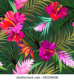 Tropical flowers.
Seamless vector vintage Hawaiian tropical pattern. Hibiscus, bird of paradise, Palm, heliconia. Editable vector flowers in a beautiful layout. 