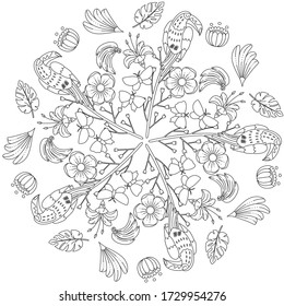 Tropical flowers set. Coloring book page. Hand-drawn illustration . All elements are isolated and editable.
Exotic tropical zentangle bird sitting on branch with flowers for adult anti stress coloring