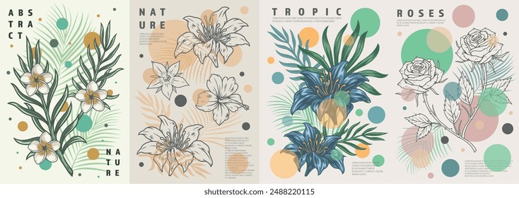 Tropical flowers set flyers colorful with fresh blooming plants with words nature or abstract for apartment interior decoration vector illustration