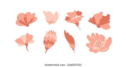 Tropical flowers set. Rose, peony buds. Abstract bloom elements in pink, terra cotta colors. Vector isolated illustration.