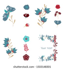 Tropical flowers set. Vector design isolated elements on the white background.