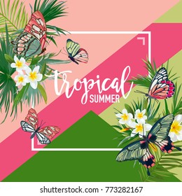 Tropical Flowers Summer Design with Exotic Butterflies. Watercolor Floral Background for Banner, Poster, T-shirt. Vector illustration