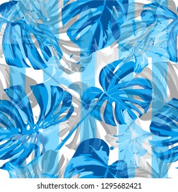 Tropical Flowers. Summer Design for Swimwear. Seamless Illustration. Exotic Palm Greenery Backdrop. Tropical Flowers and Leaves.