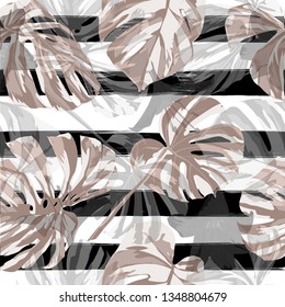 Tropical Flowers. Summer Design for Swimwear. Repeatable Illustration. Exotic Palm Greenery Backdrop. Tropical Flowers and Leaves.