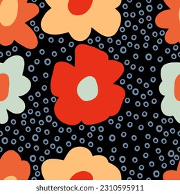 Flores tropicales patrón de verano sin fisuras en el estilo retro de 1970. Impresión perfecta para tee, papel, textiles y tela. Ilustración vectorial floral para decoración y diseño.
