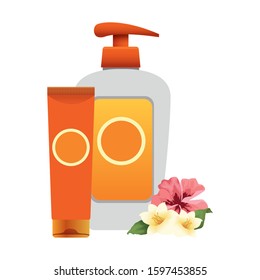 tropical flowers and sunscreens bottles over white background, colorful design, vector illustration