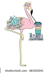 tropical flowers and sweet flamingo illustration