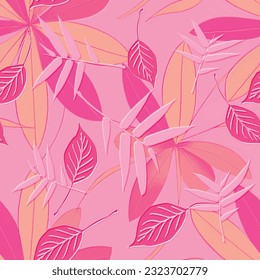 Tropical flowers textured 3d pink seamless pattern. Floral embossed leafy background. Repeat relief backdrop. Line art emboss flowers, leaves. Abstract hand drawn surface tropic plants ornaments.