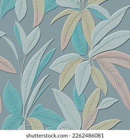 Tropical flowers textured 3d seamless pattern. Floral embossed leafy background. Grunge colorful modern backdrop. Line art  flowers, leaves. Abstract hand drawn surface tropic plants ornaments. 