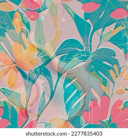 Tropical flowers textured 3d seamless pattern. Floral embossed leafy background. Colorful watercolor backdrop. Line art  flowers, leaves, splash. Abstract hand drawn surface tropic plants ornaments. 