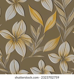 Tropical flowers textured 3d  seamless pattern. Floral embossed leafy autumn background. Repeat relief backdrop. Line art emboss flowers, leaves. Abstract hand drawn surface tropic plants ornaments.