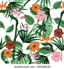 Tropical flowers them. Tropical green palm leaves. Fabric swatch with paradise flowers isolated over white background. Hawaiian for seamless pattern background.