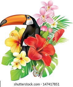 Tropical flowers and toucan