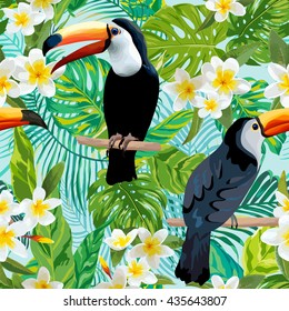 Tropical Flowers and Toucan Birds Background. Vintage Seamless Pattern. Vector 