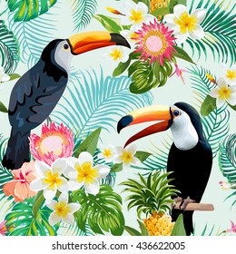 Tropical Flowers and Toucan Birds Background. Vintage Seamless Pattern. Vector 