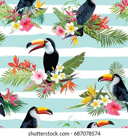 Tropical Flowers and Toucan Birds Seamless Background. Retro Summer Pattern in Vector