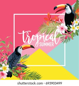 Tropical Flowers and Toucan Birds Summer Banner, Graphic Background, Exotic Floral Invitation, Flyer or Card. Modern Front Page in Vector