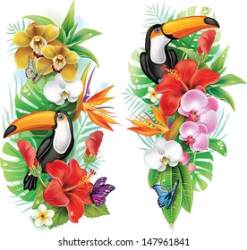 Tropical flowers, toucan and a butterflies